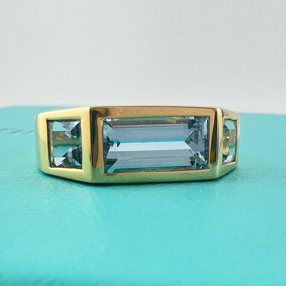 Tiffany Paloma's Studio Baguette Three-stone Ring Blue Topaz 18k Yellow Gold.